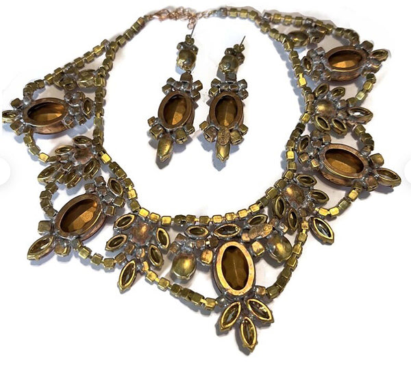 Vintage look, retro style Czech glass yellow and rose gold tone necklace and earring set, hand cheapest knotted necklace, statement necklace