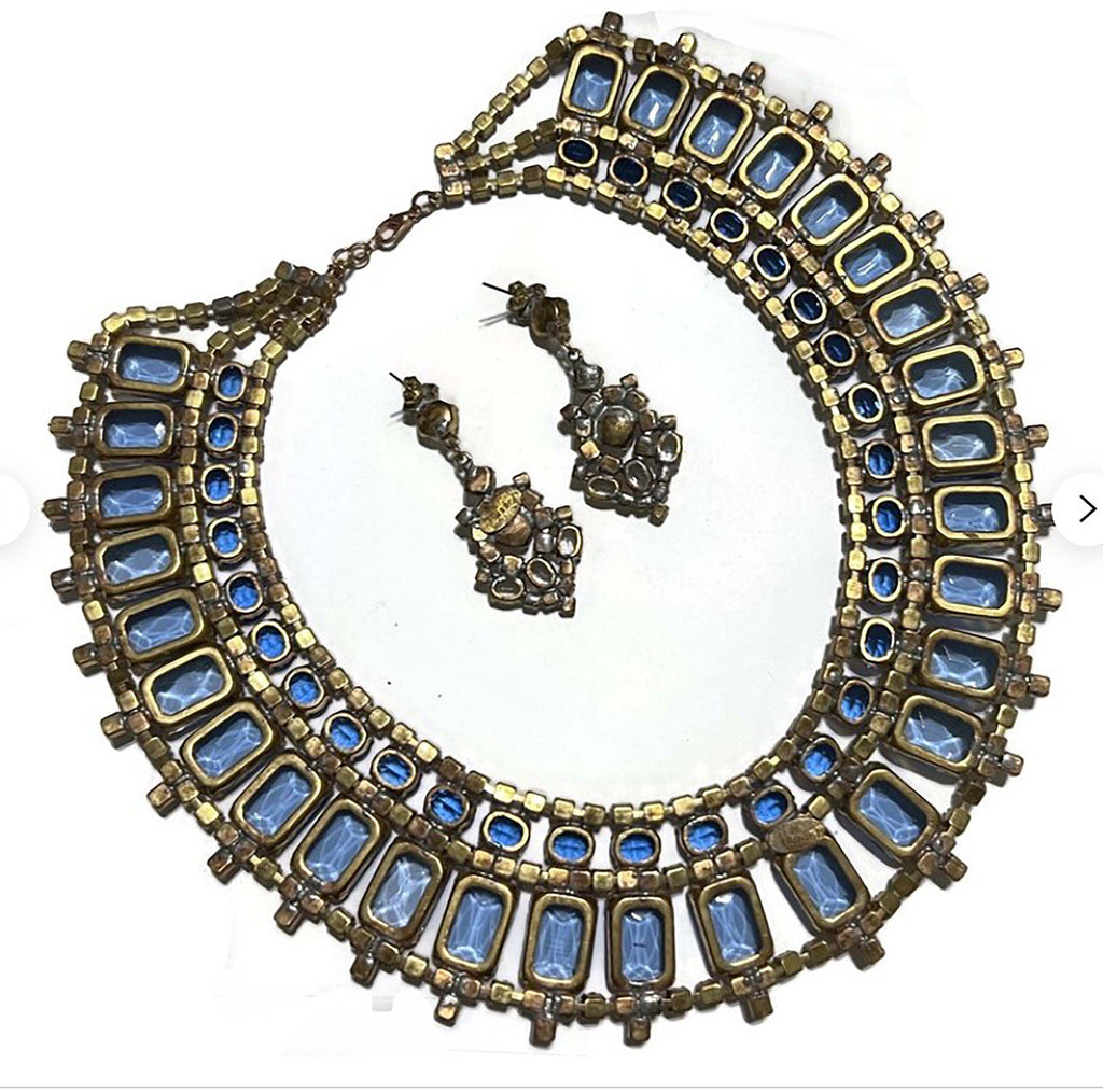 Husar D. Blue Czech Glass Bib Style Collar Necklace, Statement Necklace - Vintage Lane Jewelry