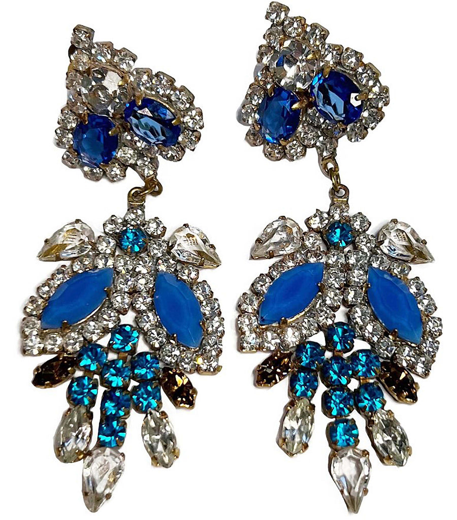 Czech Glass Husar D Blue Dangling Rhinestone Earrings