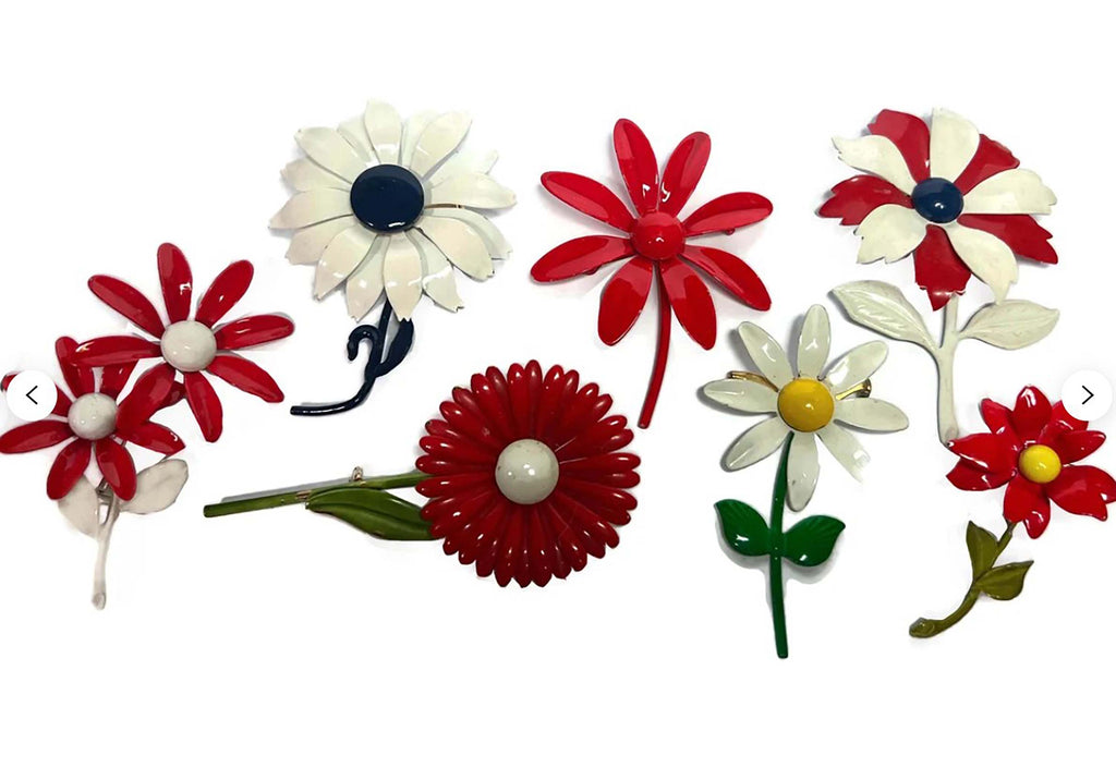 Vintage Enamel Red and White Flower Pins