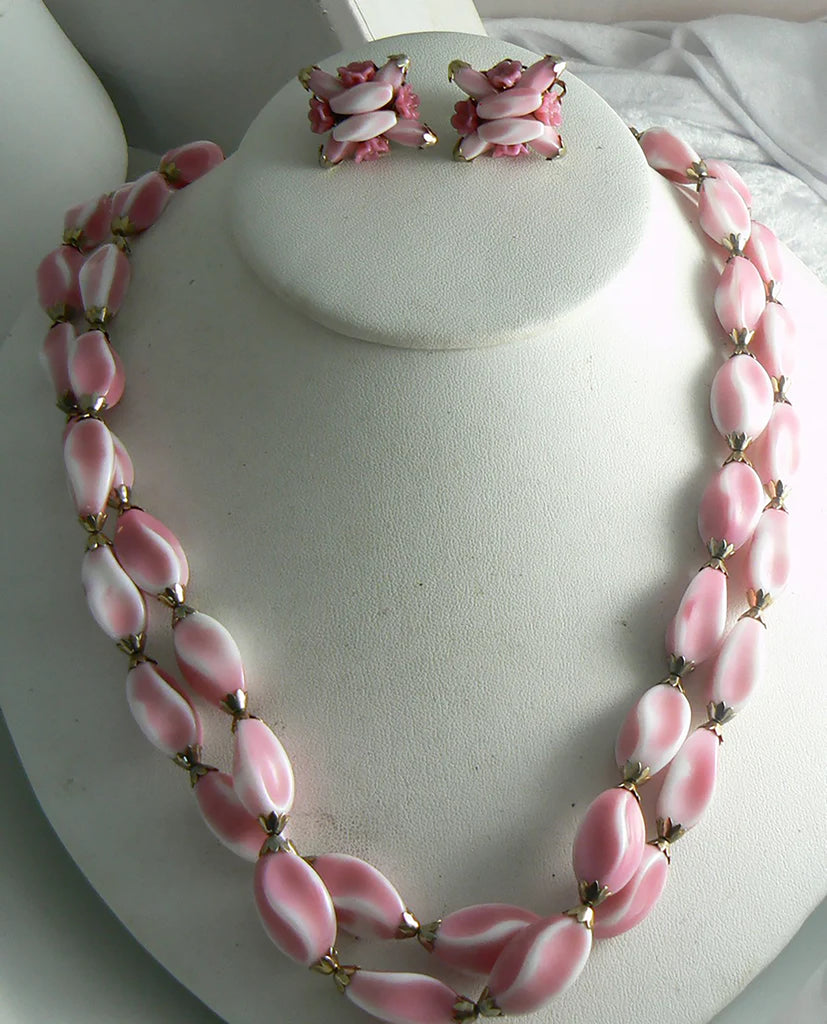 Alice Caviness Double Strand Pink Glass Necklace And Earring Set