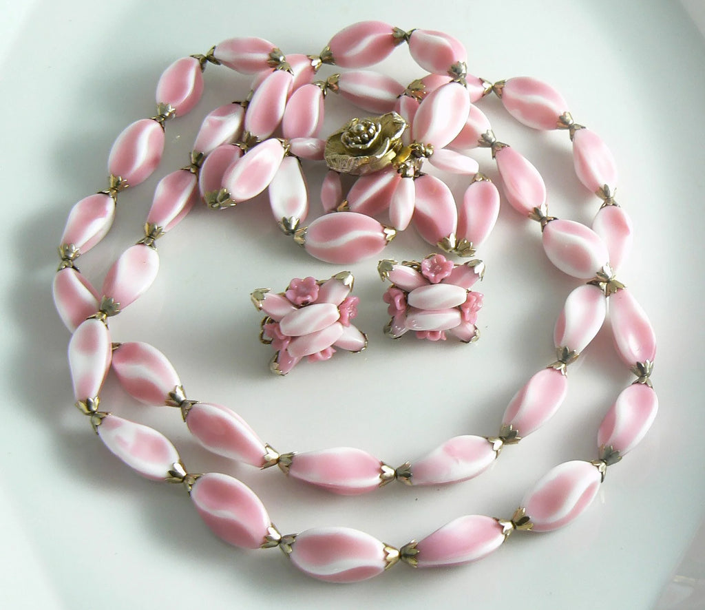 Alice Caviness Double Strand Pink Glass Necklace And Earring Set