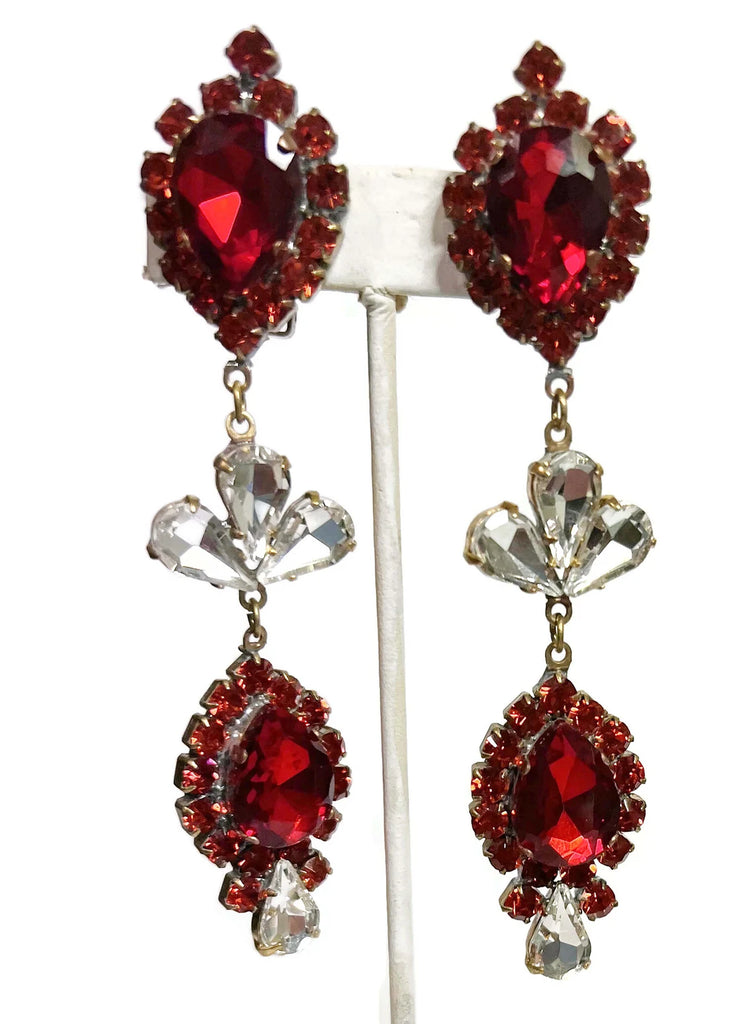Czech Glass Husar D Long Red and Clear Clip Earrings