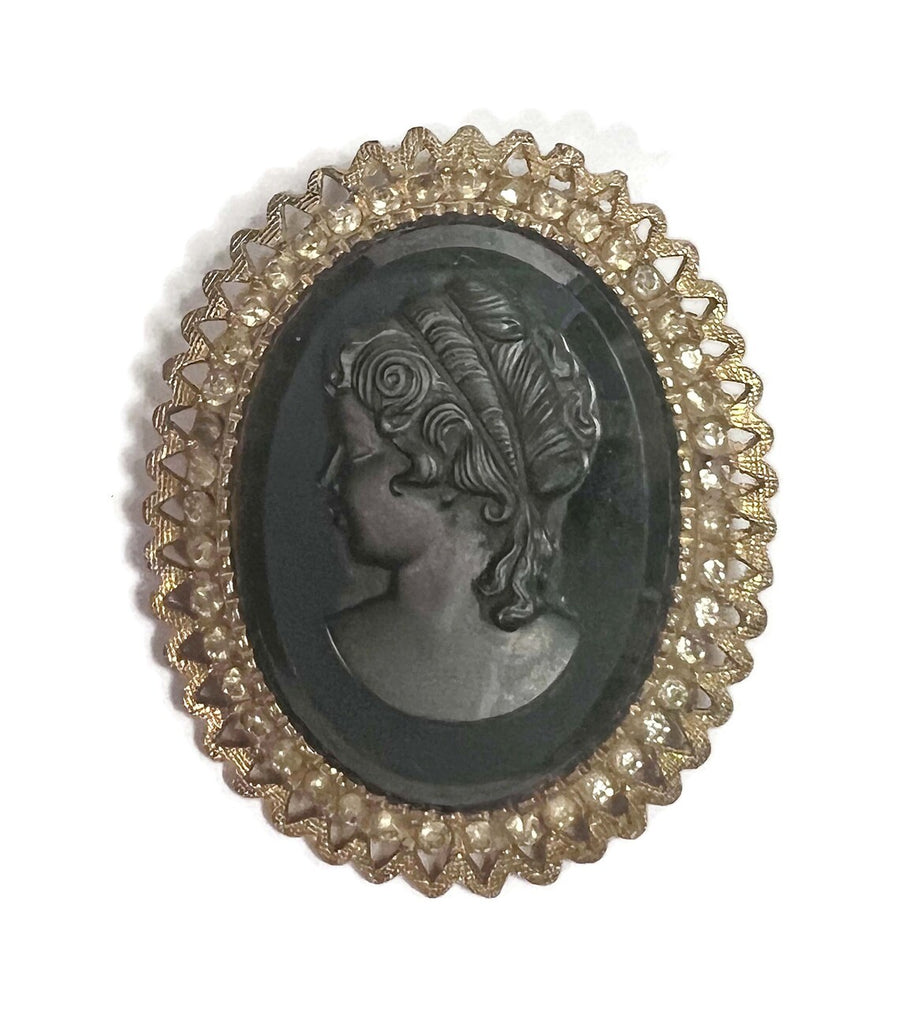 Vintage Black Glass Cameo Brooch