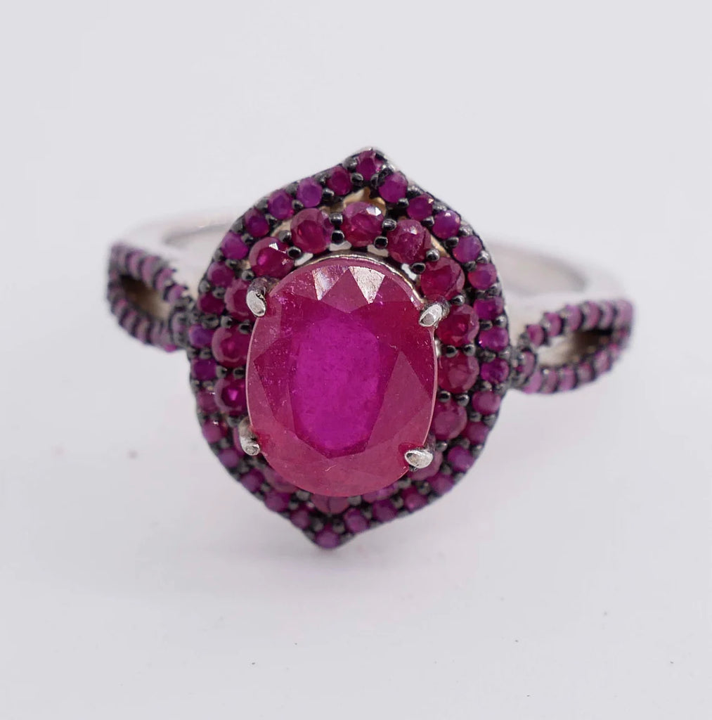 Oval Ruby Sapphire Diamond Cut Sterling Silver Ring
