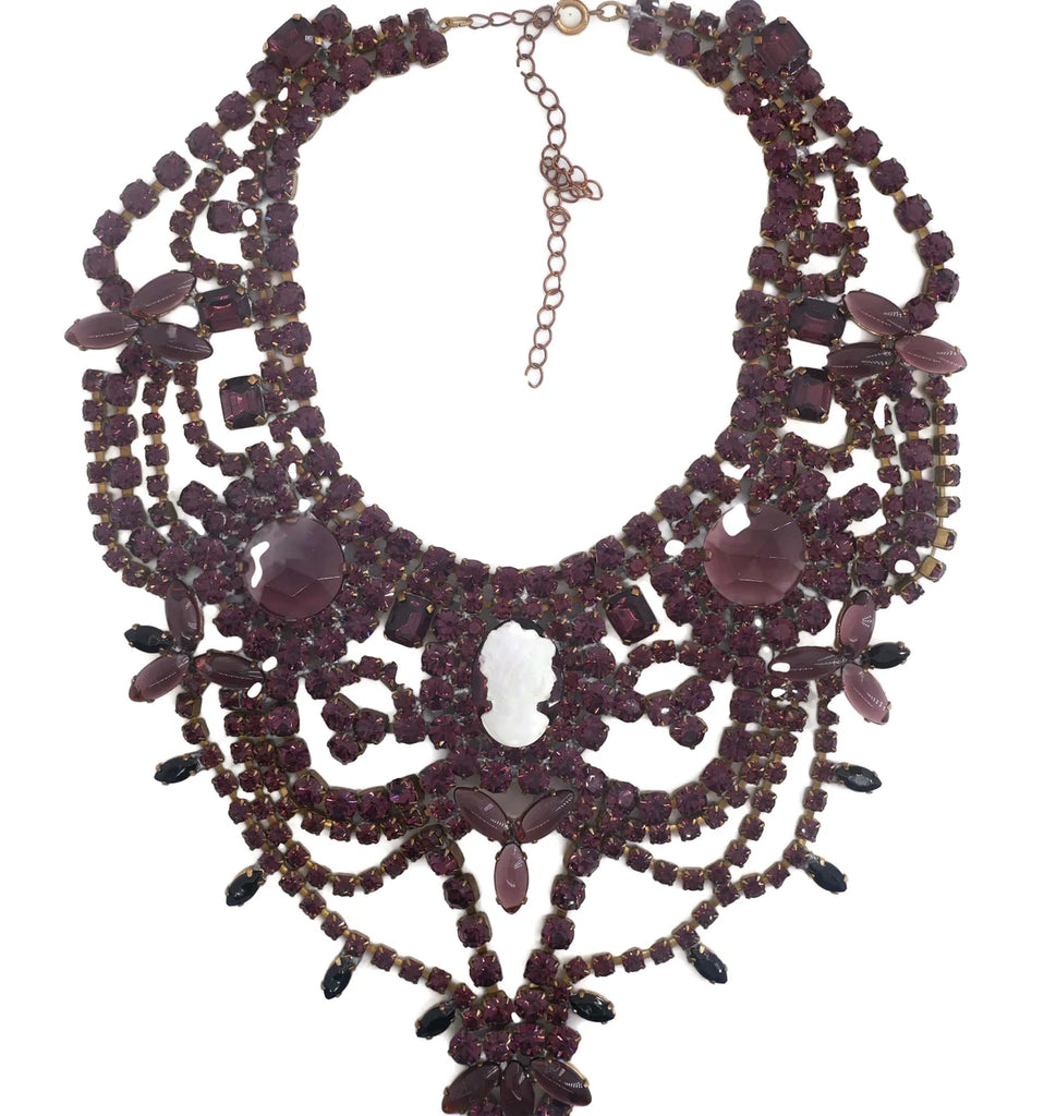 Bijoux MG Shades of Purple Czech Glass Cameo Statement Necklace