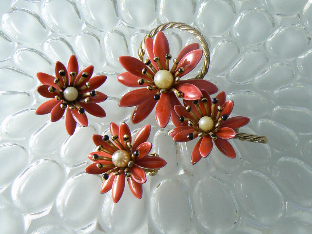 Judy Lee enamel and faux pearl red flower demi parure