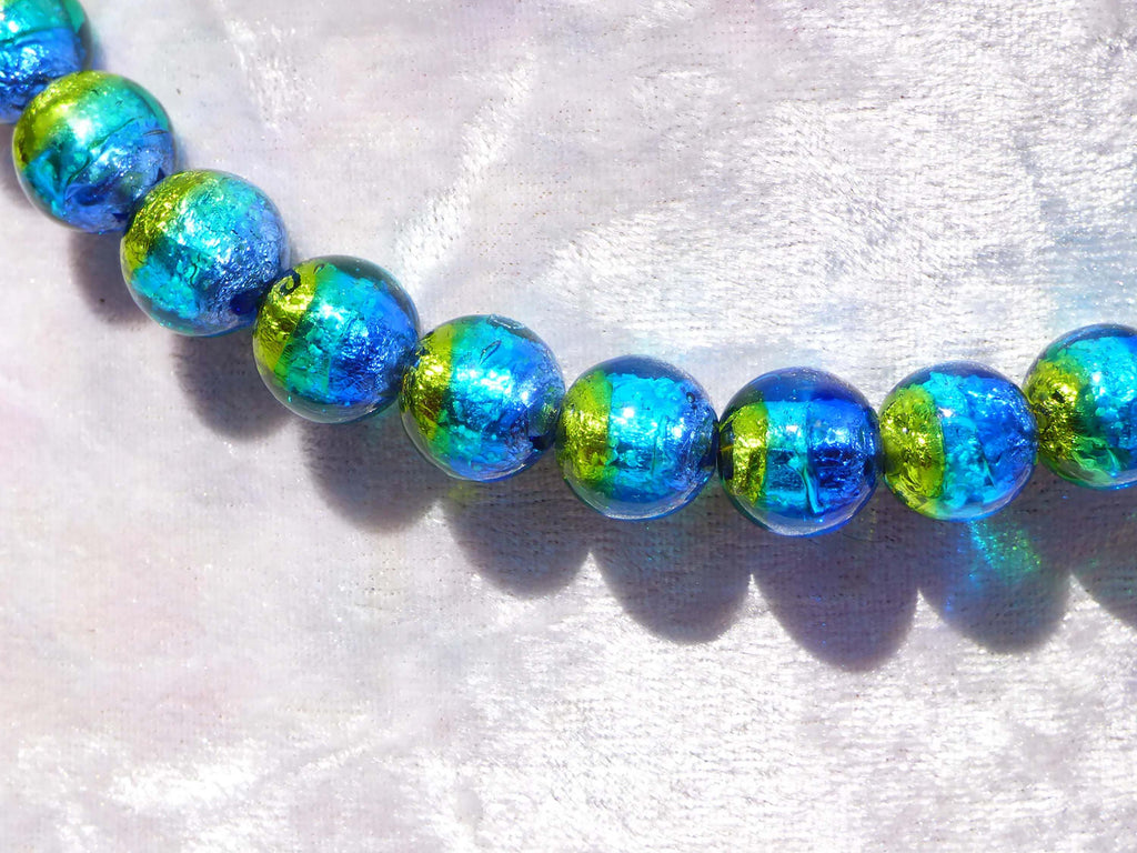 Art Deco Peacock Blue Foil Art Glass Necklace