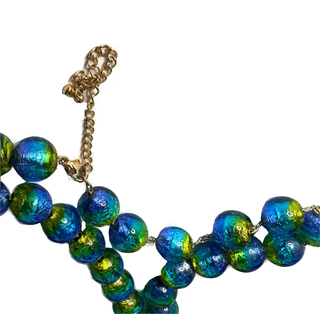 Art Deco Peacock Blue Foil Art Glass Necklace