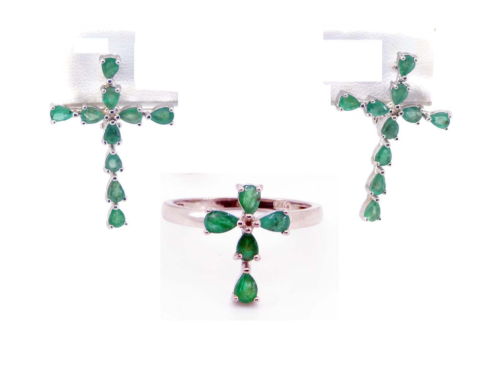 Sterling Emerald Cross and Earrings Set