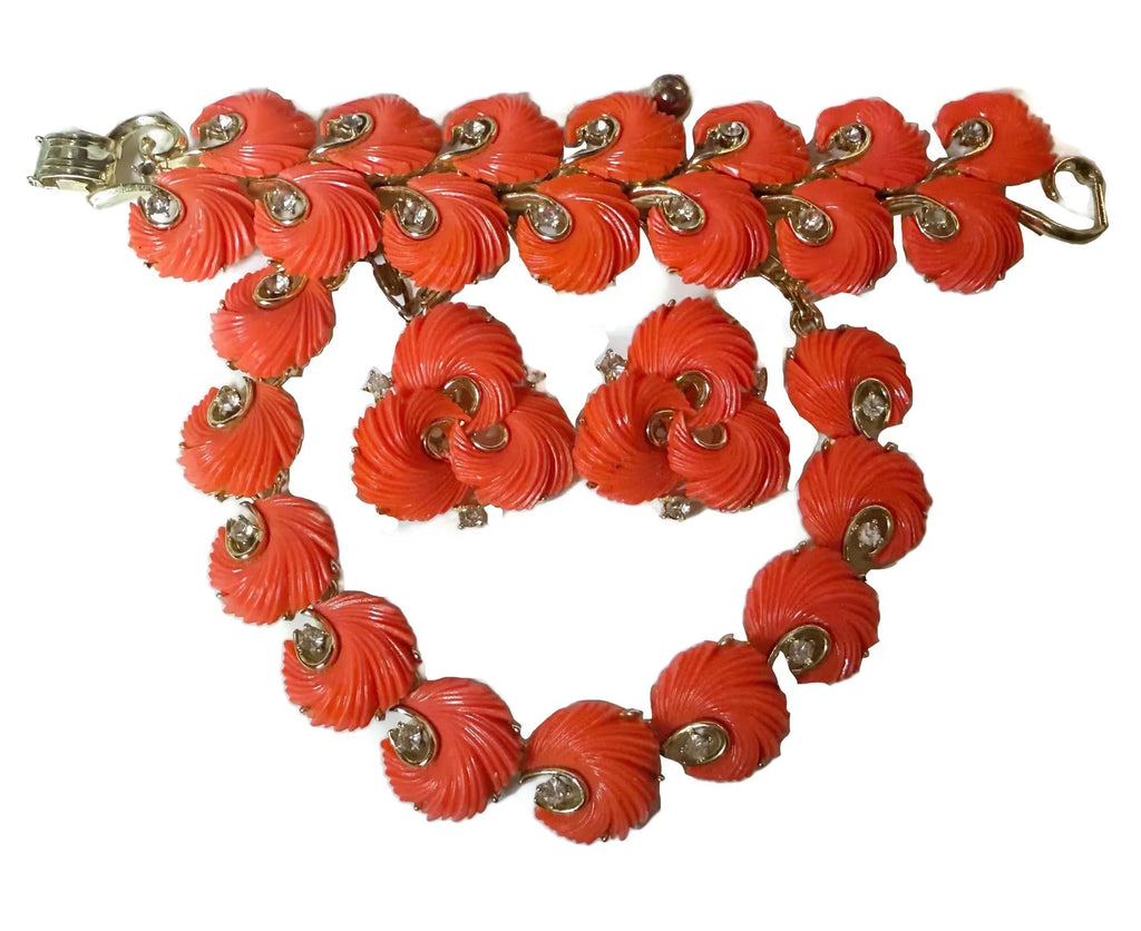 Lisner Orange Feather Thermoset Rhinestone Parure, Necklace, Wide Bracelet and Screw Type Earrings