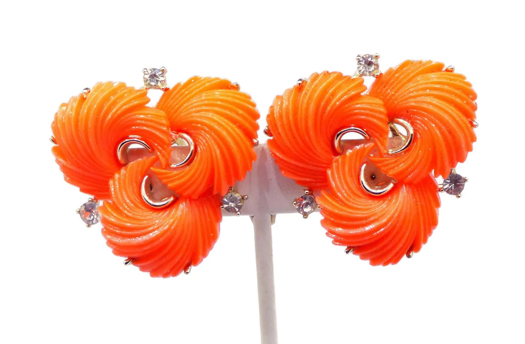 Lisner Orange Feather Thermoset Rhinestone Parure, Necklace, Wide Bracelet and Screw Type Earrings