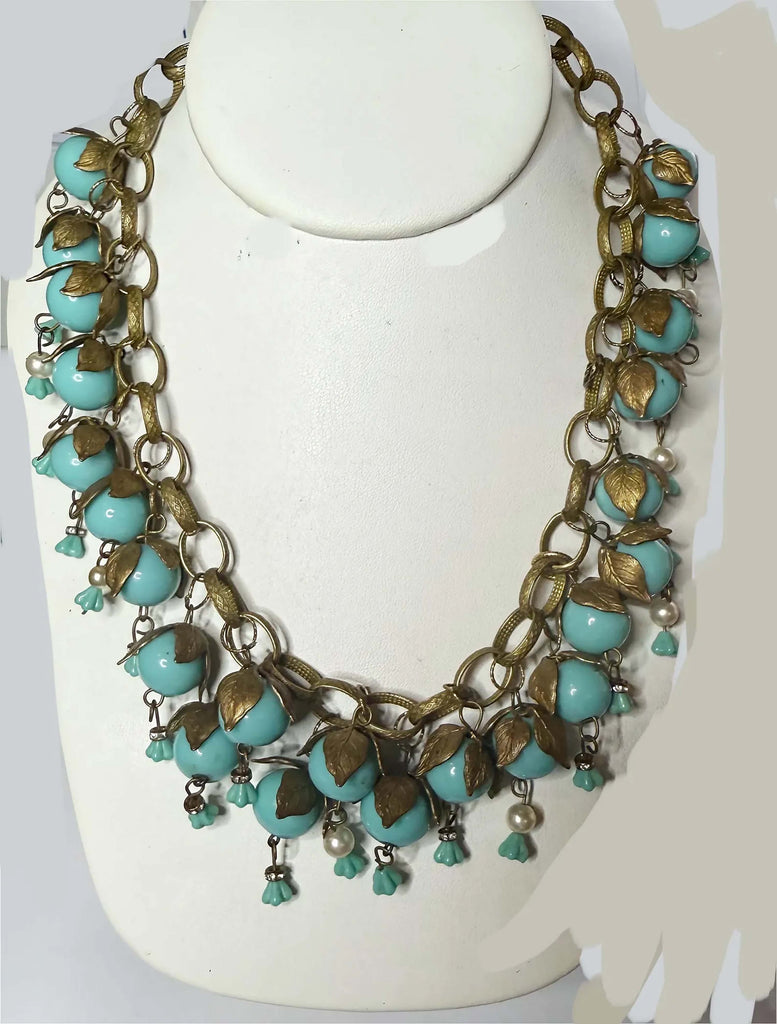 Miriam Haskell Gold Leaf and Turquoise Beaded Necklace
