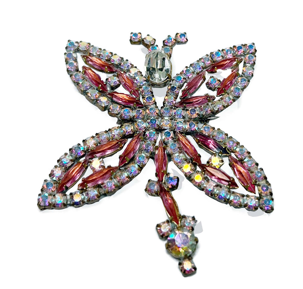 Czech Glass Bijoux MG Pink AB Rhinestone Dragonfly Pin Brooch