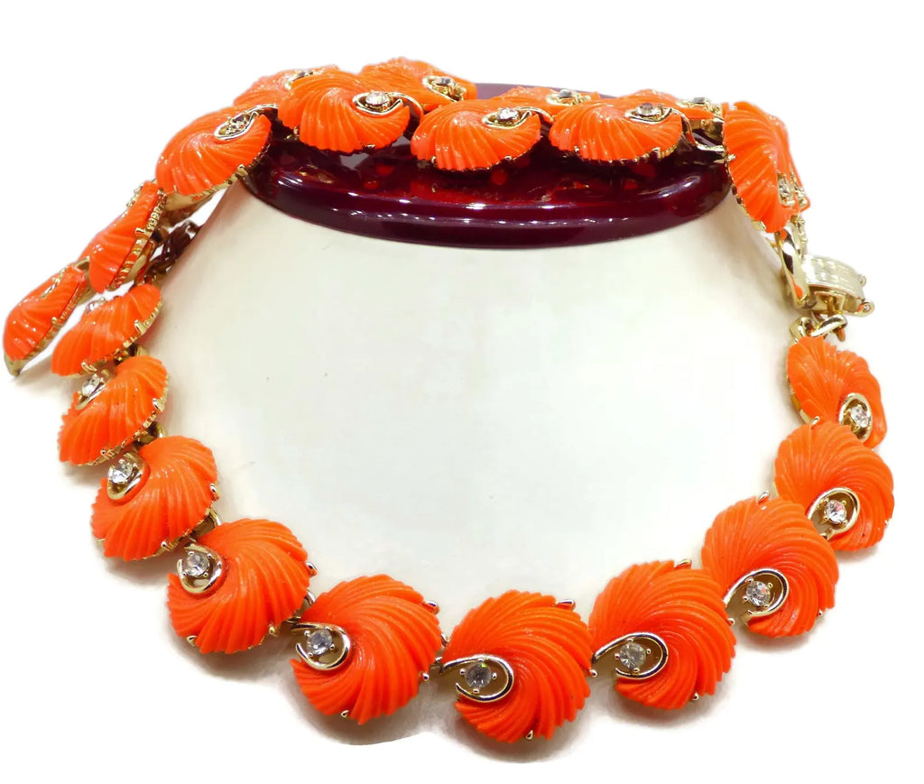 Lisner Orange Feather Thermoset Rhinestone Parure, Necklace, Wide Bracelet and Screw Type Earrings