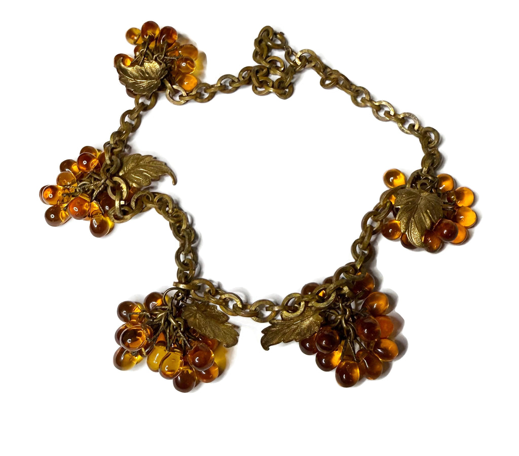 Early Miriam Haskell Beaded Grape and Gold Leaf Necklace