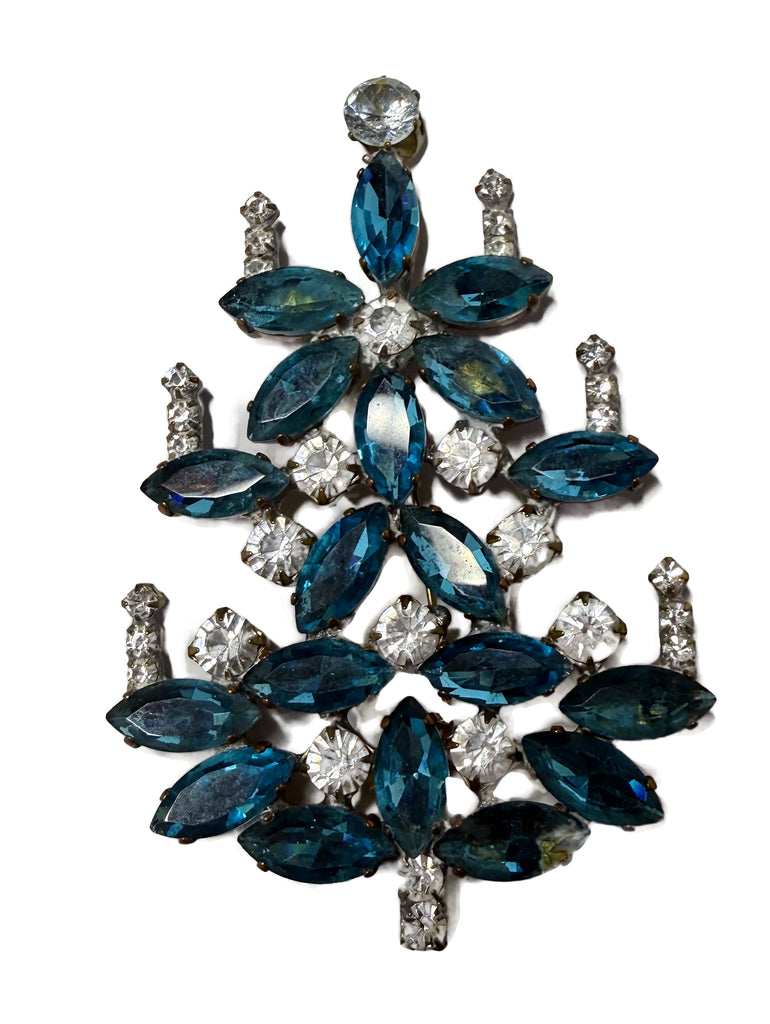 Czech Glass Blue and Clear Stone Christmas Tree pin