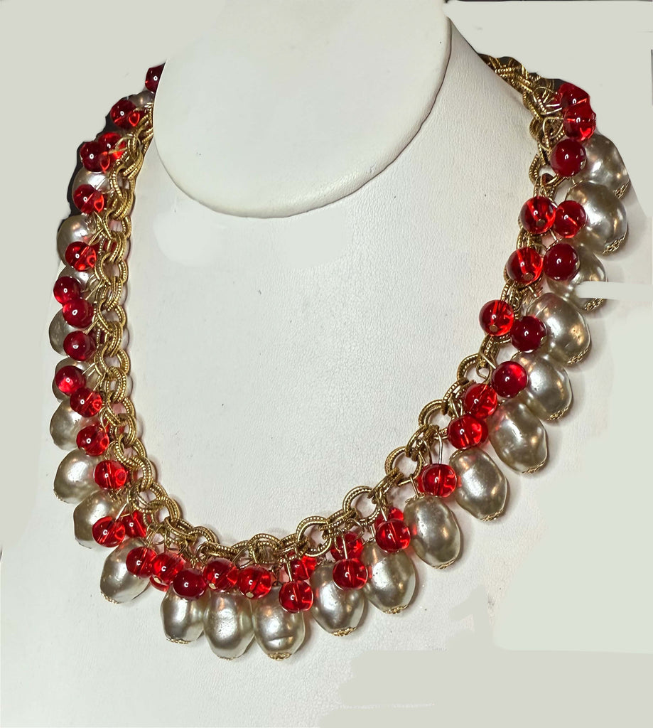 Miriam Haskell Stunning Baroque Glass Pearl Red Beaded Necklace