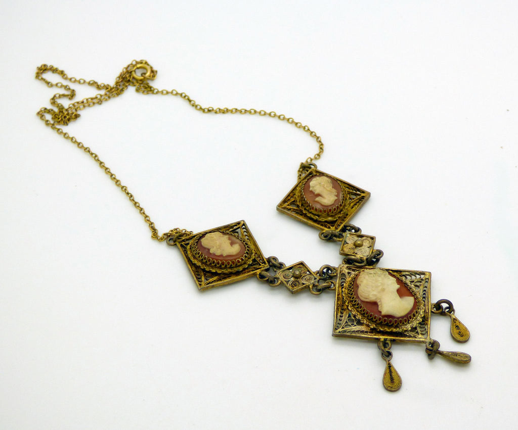 Art Deco Shell Cameo Filigree Necklace, Antiqued Gold