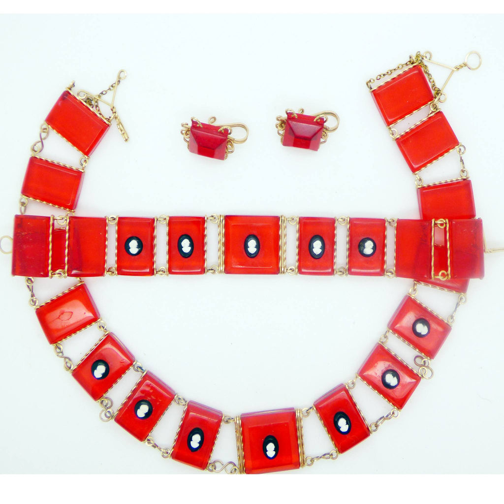 Red Lucite Panel Black Cameo Necklace, Bracelet and Earrings