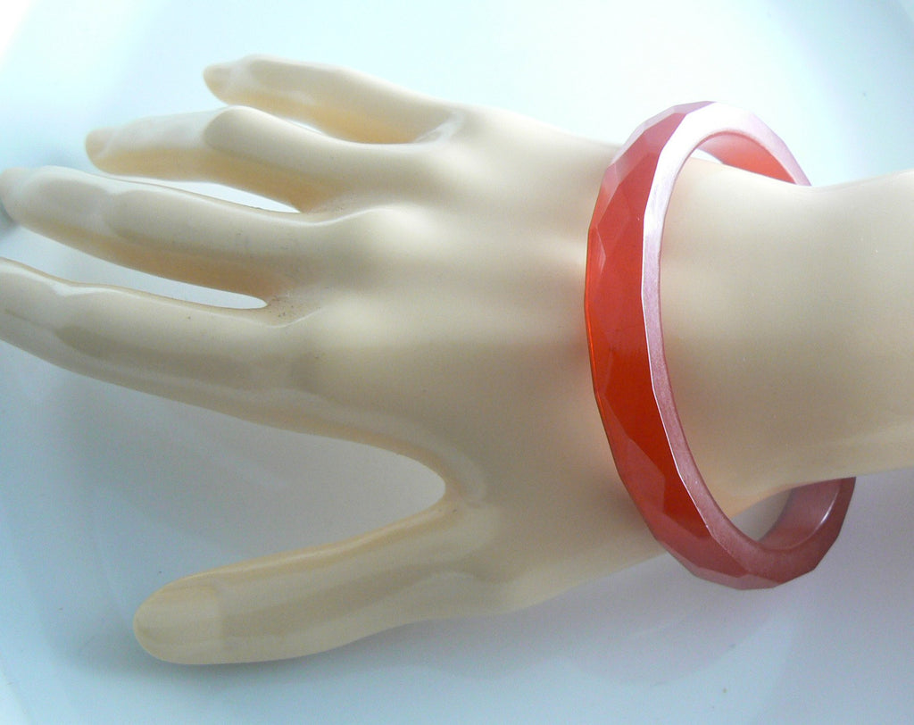 Brilliant Translucent Cherry Diamond Faceted Bakelite Bangle Bracelet