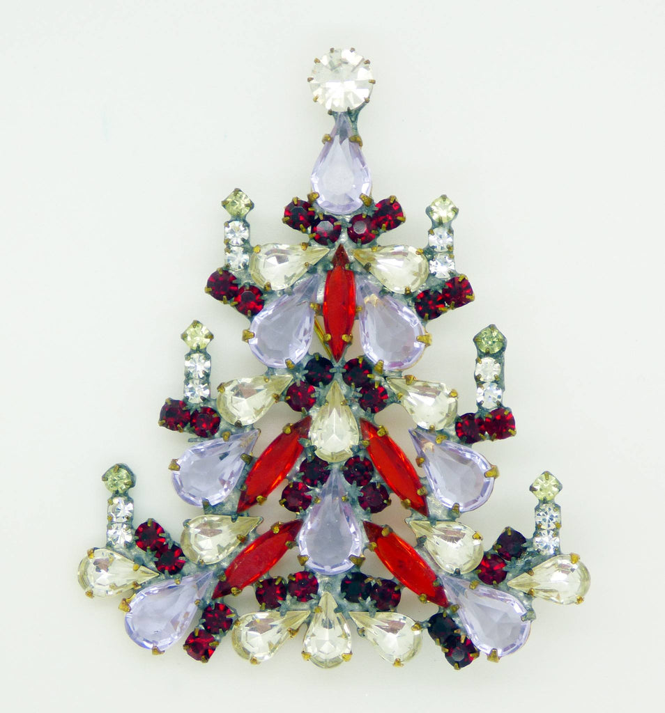 Czech Glass Candles Christmas Tree Brooch, Vintage Rhinestones Xmas Tree Pin