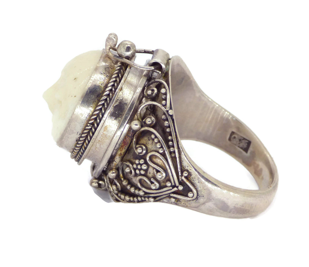 Balinese Bone Sterling Silver 925 Poison Ring, Pill Box Ring, Size 10 - Vintage Lane Jewelry