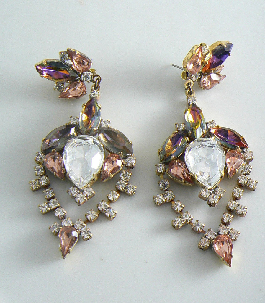 Czech Glass Peach Rhinestone Pierced Style Earrings