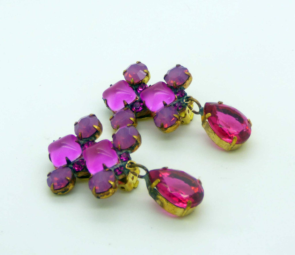 Czech Glass Hot Pink Glass Cabochon Rhinestone Dangle Clip Earrings