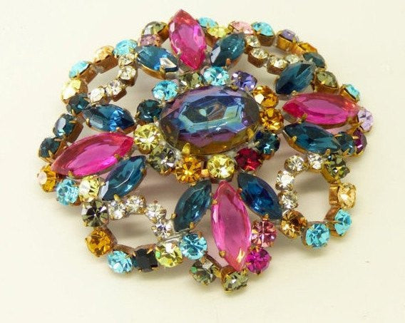 Rhinestone Bijoux MG Czech Multicolored Glass Huge Brooch