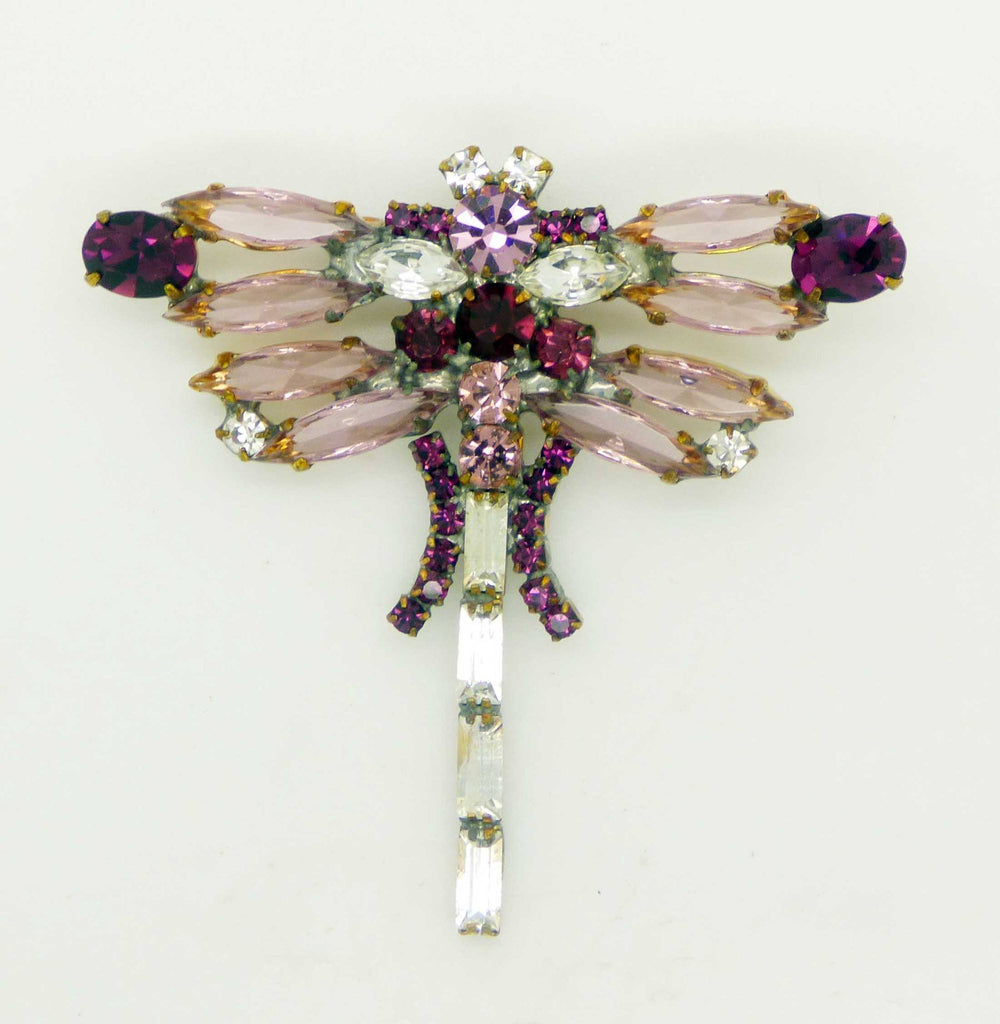 Czech Glass Lavender and Purple Shades Rhinestone Dragonfly Brooch, Figural Pin