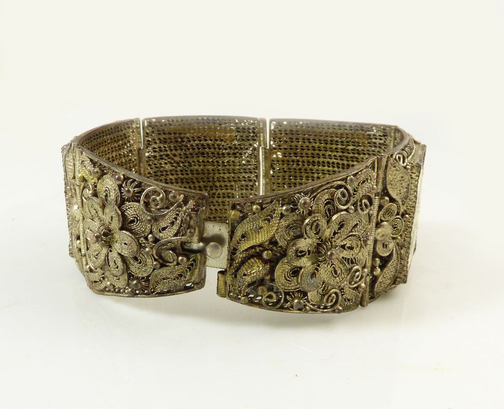 Antique Chinese Export Ox Bone Silver Filigree Warrior Scrimshaw Bracelet - Vintage Lane Jewelry