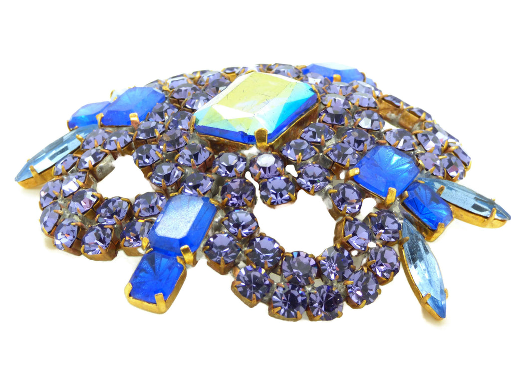 Czech Rhinestone Brooch, Huge Bijoux MG, Lavender and Blue - Vintage Lane Jewelry