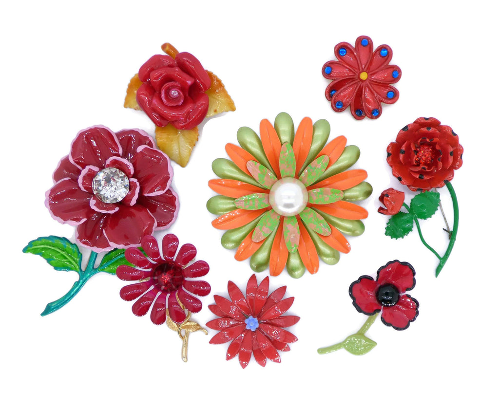 Shades of Red Enamel Flower Lot, 8 pins, Flower Brooches
