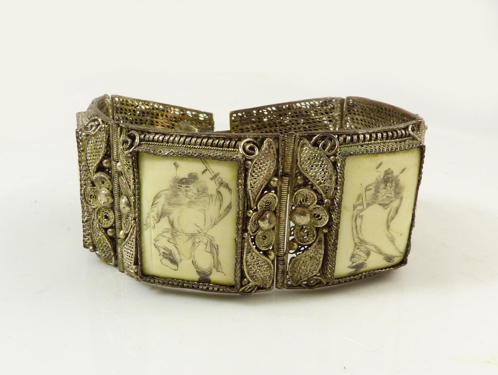 Antique Chinese Export Ox Bone Silver Filigree Warrior Scrimshaw Bracelet