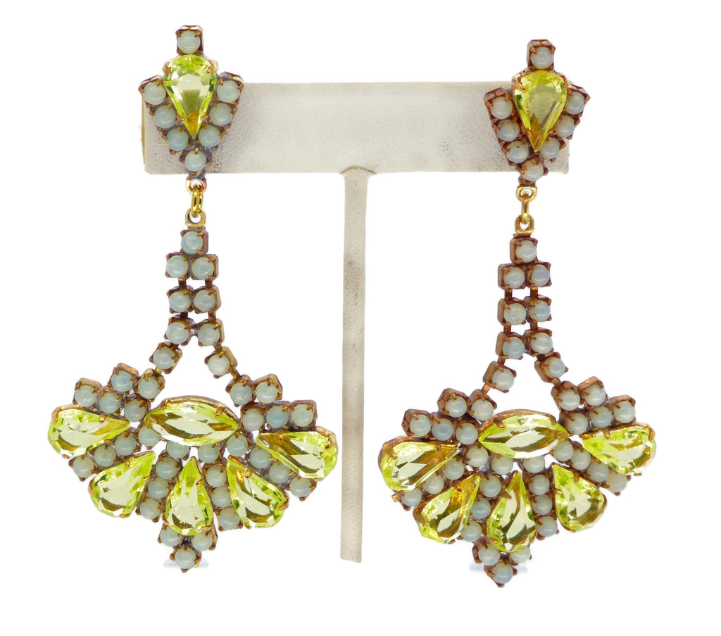 Fancy Vaseline Uranium Czech Glass Pierced Style Earrings