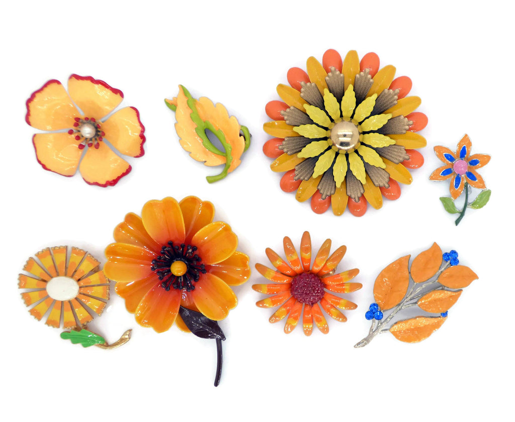 Orange and Peach Enamel Flower Lot, 8 pins, Flower Brooches