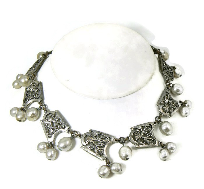 Miriam Haskell Baroque Pearl and Silver Filigree Festoon Necklace