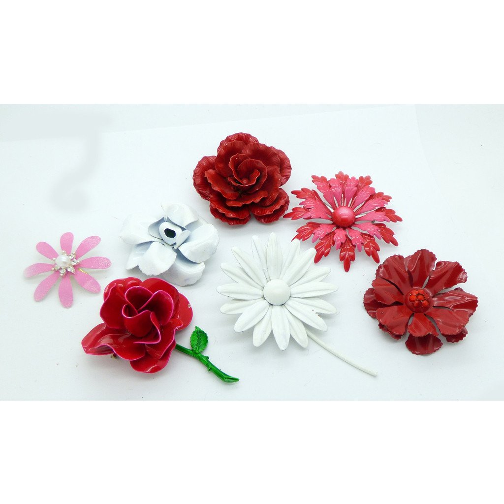 Vintage Enamel Flower Pins, Brooch Lot, Reds and Whites