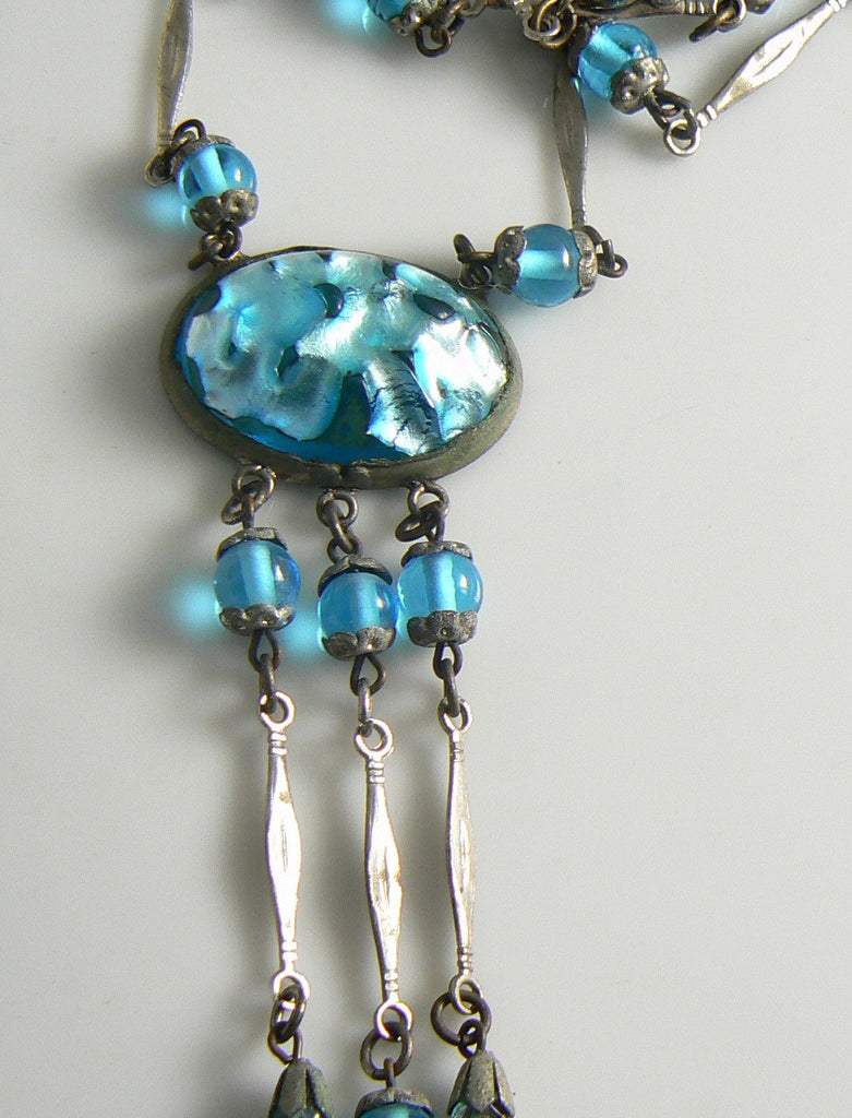 Vintage Art Deco Aqua Blue Foil Glass Drop Necklace Czech