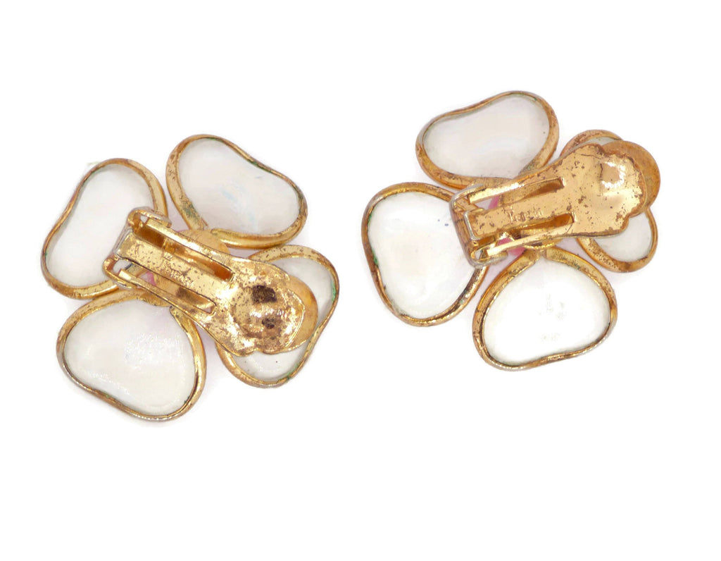 Vintage Crown Trifari Poured Glass Flower Clip Earrings - Vintage Lane Jewelry