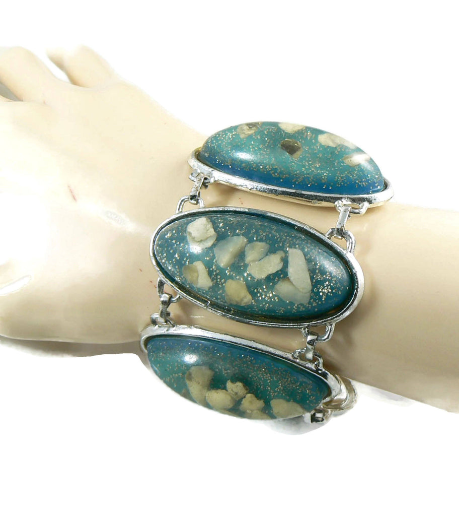 Huge Vintage Book Piece Blue Confetti Lucite Panel Bracelet