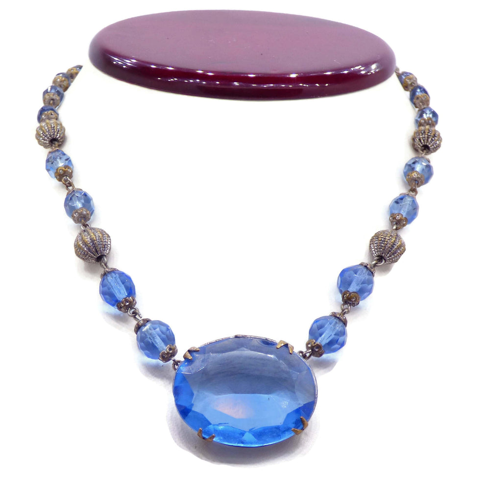 Art Deco Blue Glass Filigree Necklace