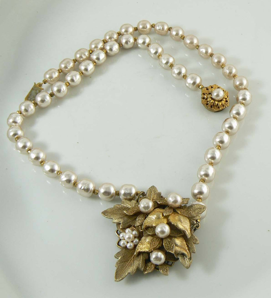 Vintage Miriam Haskell Baroque Pearl Flower and Leaf Pendant Necklace