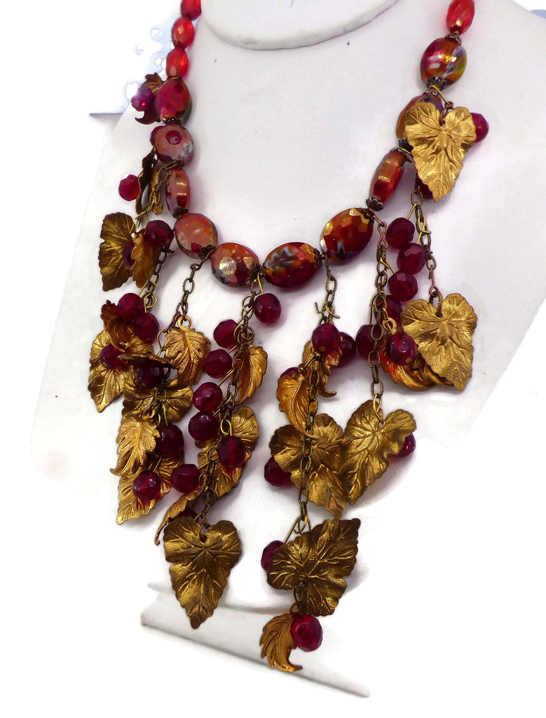 Miriam Haskell Red Beaded Gold Leaf Necklace - Vintage Lane Jewelry