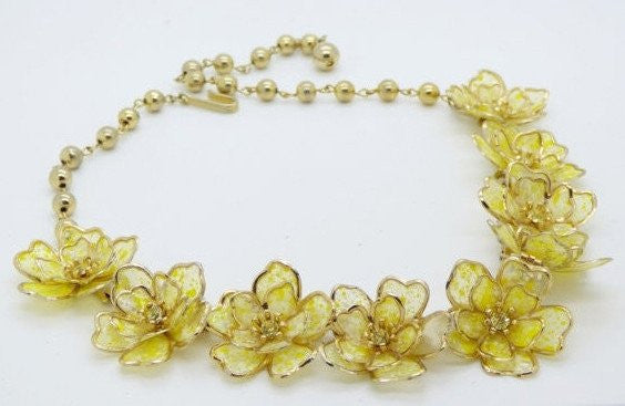 Yellow Paper Flower Rhinestone Gold Tone Necklace