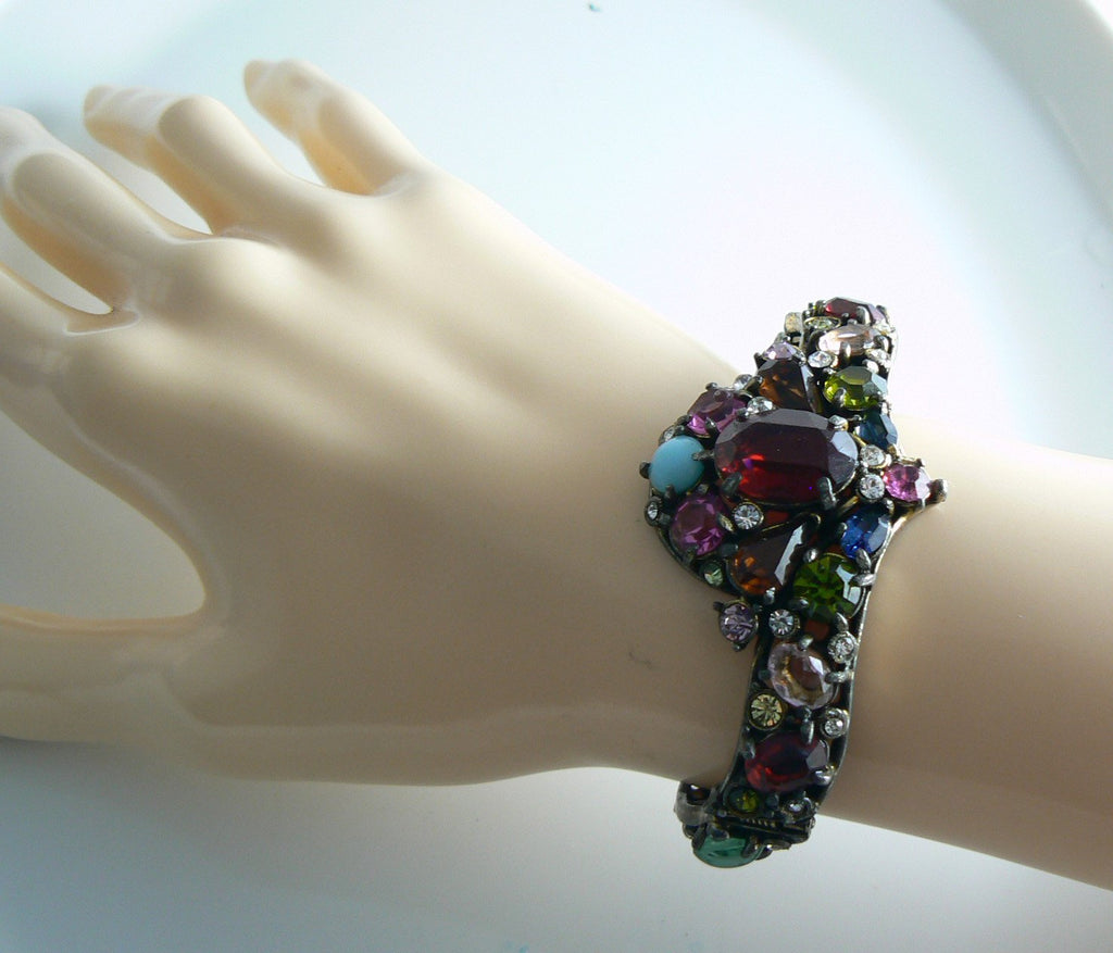 Antique Rhinestone Pot Metal Clamper Bracelet