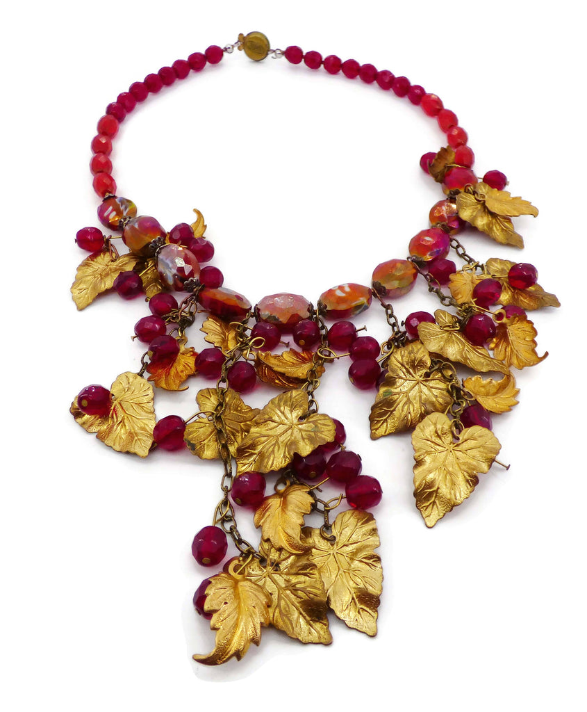 Miriam Haskell Red Beaded Gold Leaf Necklace