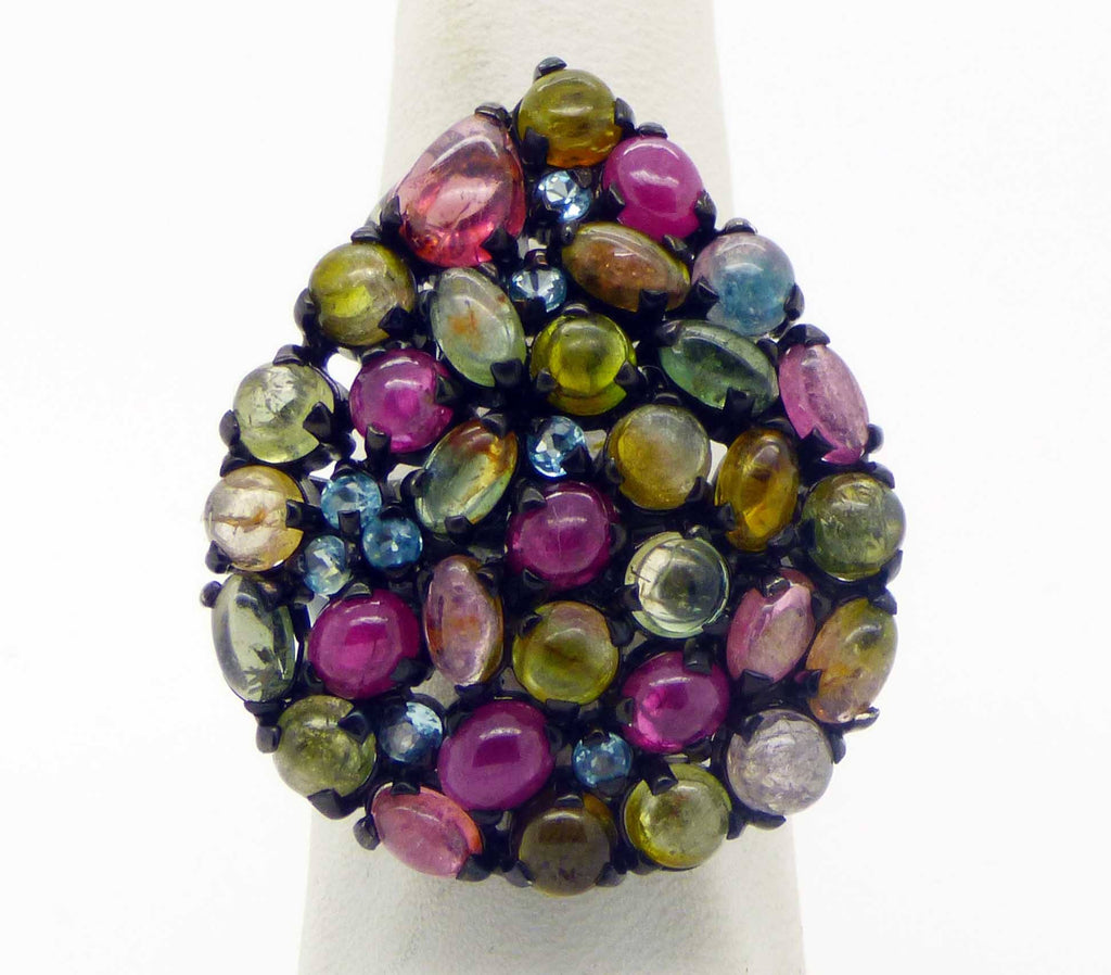 Huge Tourmaline, Blue Topaz and Ruby Black Rhodium Plated over Sterling Silver Ring, Size 7.5.