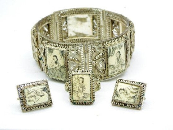 Antique Chinese Export Bovine Water Buffalo Carved Bone 900 Silver Filigree Hand-Scrimshaw Set